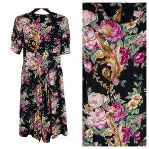 Vtg Lady Carol Of New York Tea Dress 10 Medium Floral Cottagecore Black Pink